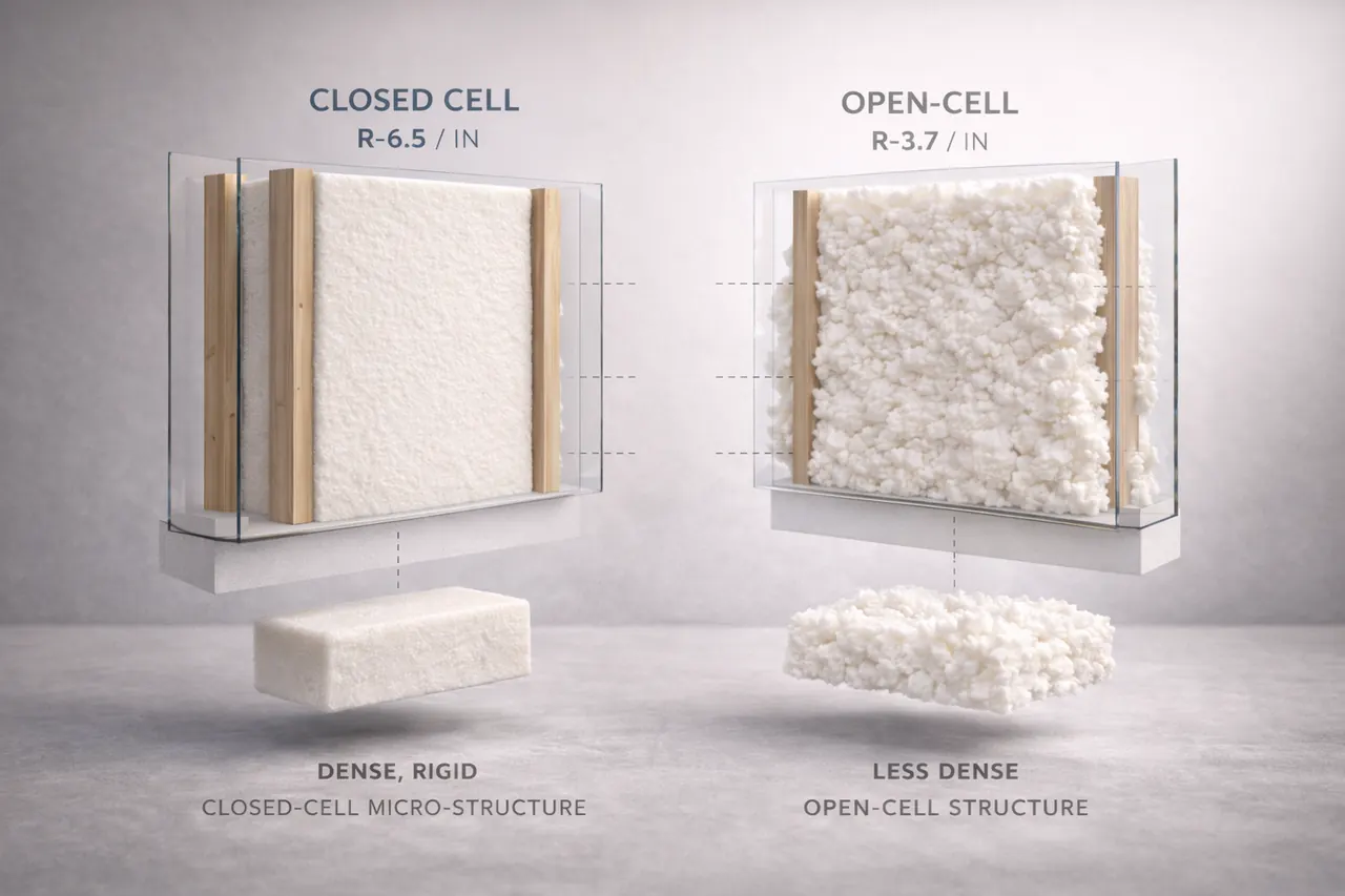 Side-by-side comparison of closed-cell spray foam (R-6.5 per inch, dense and rigid) and open-cell spray foam (R-3.7 per inch, less dense)
