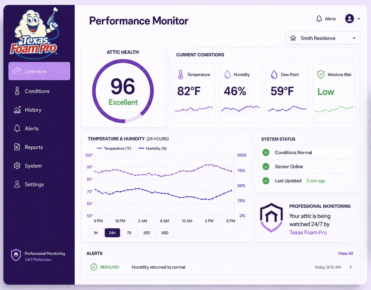 FoamGuard by Texas Foam Pro dashboard showing attic conditions, health score, alerts, and system status