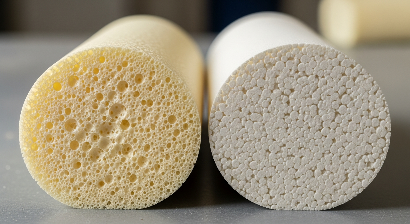 Close-up of open-cell and closed-cell spray foam samples side by side showing the difference in cell structure and density