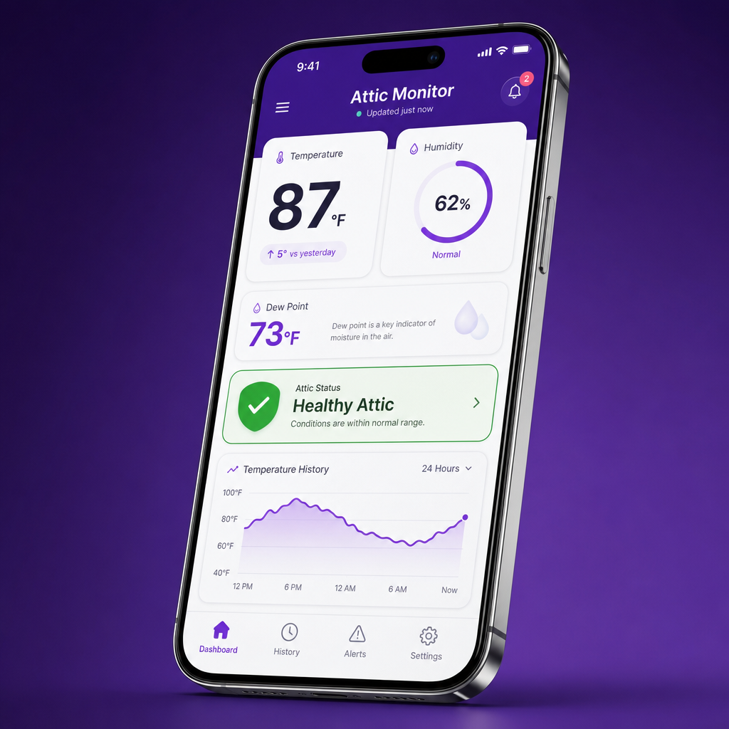Texas Foam Pro Performance Monitor attic data shown in the mobile app and customer portal