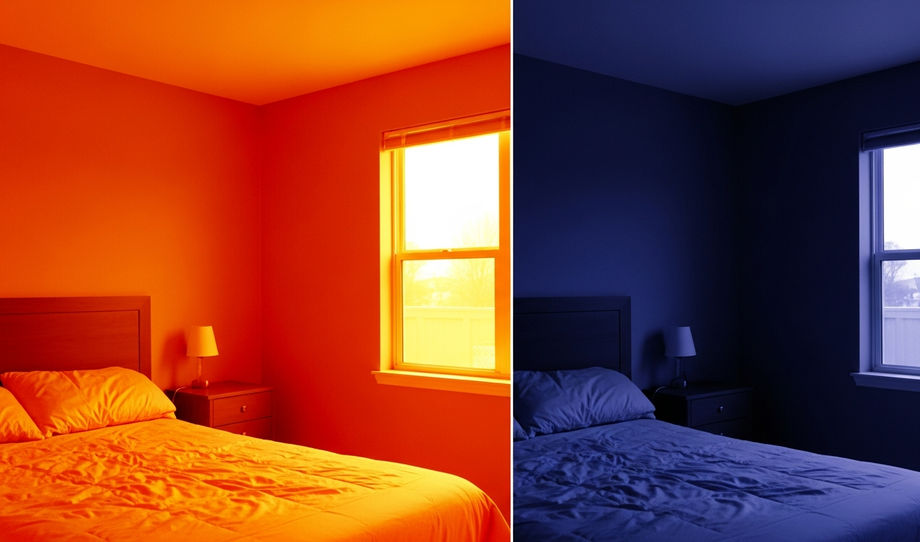 Thermal imaging comparison of the same interior room wall before and after spray foam insulation, glowing hot red before and cool blue after